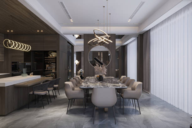 istock Modern minimalist dining room with a table and chairs 2166310759