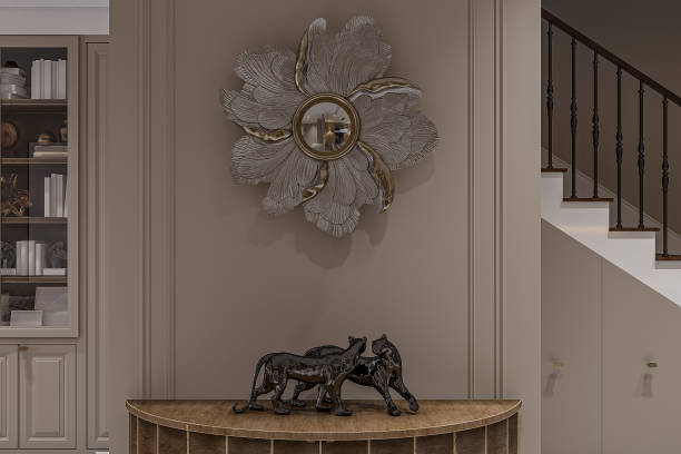 istock A modern hallway with a large, ornate mirror and a black panther statue. 2166310874