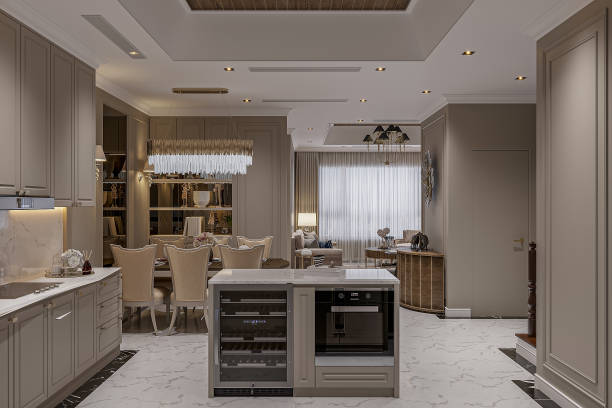 istock Contemporary modern kitchen interior in beige colors and concrete elements. 2166310908