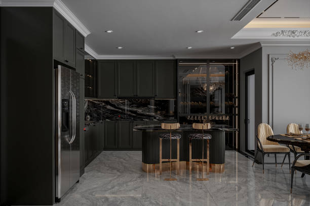 istock Interior of modern kitchen with black and marble flooring everywhere 2166311006
