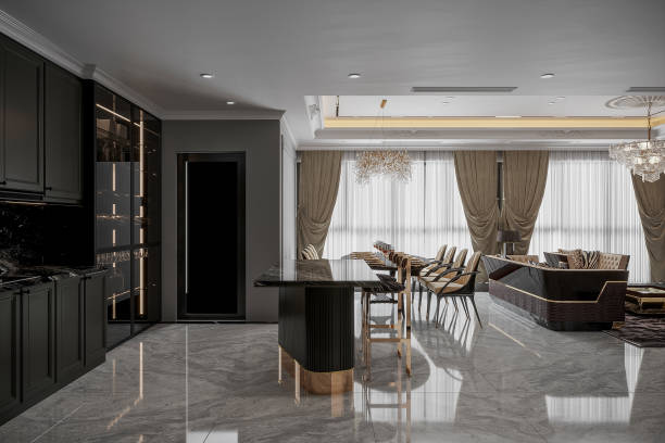 istock Modern dark kitchen and dinning room interior with furniture and kitchenware 2166311638