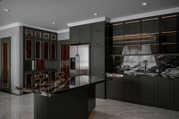 istock Modern kitchen in black and dark style, interior design 2166311639