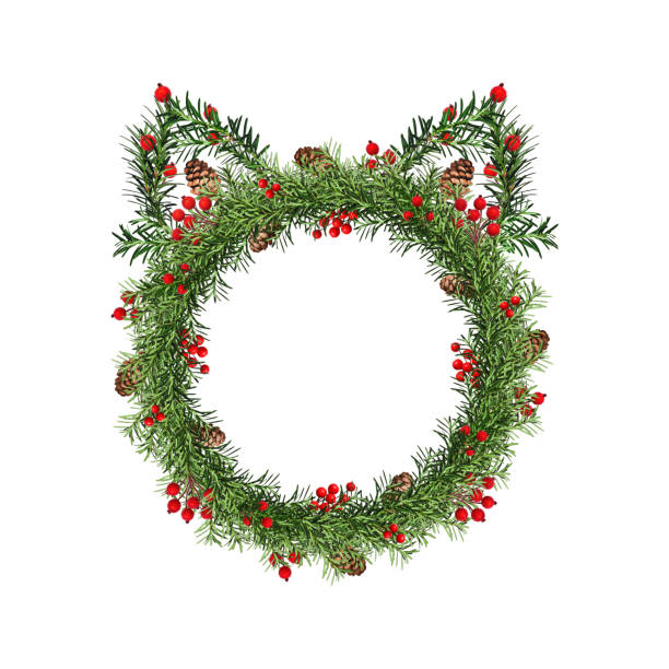 istock Creative Christmas wreath with cat ears. Round frame of coniferous branches decorated with cones and artificial red berries. Wreath isolated on white background, copy space. 2166320026