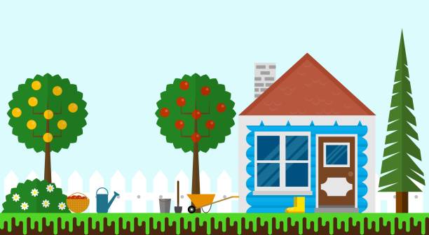 istock Small Summer House in the Garden with Fence Flat Design 2166321145