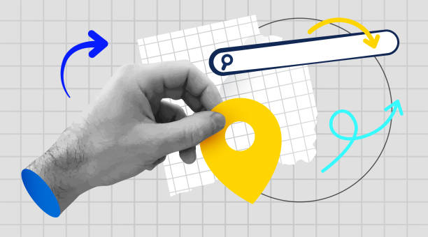 Retro collage with hand holding map marker with search bar. Vector illustration