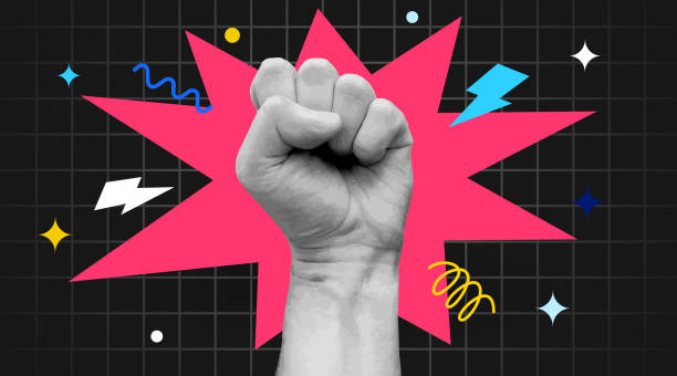 Trendy Retro Collage Raised Fist up. Demonstration of protest. Magazine style. Vector illustration