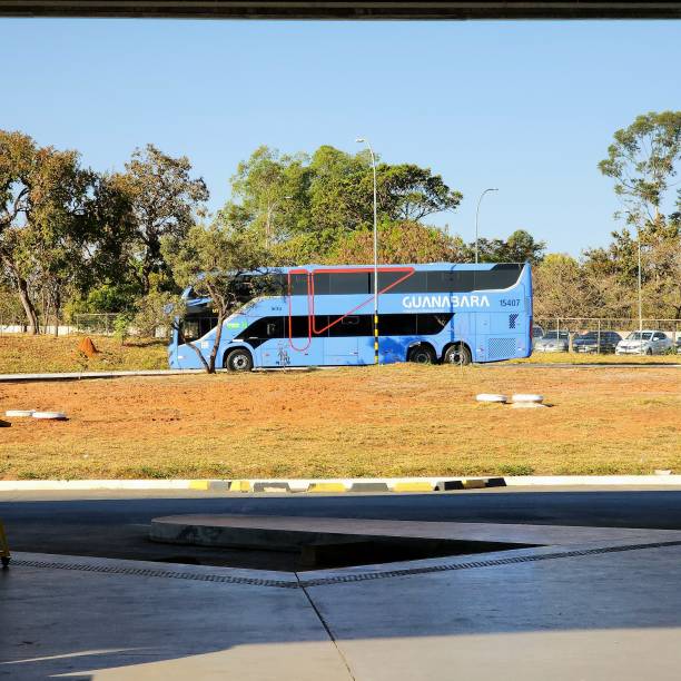 Brasília, Distrito Federal, Brazil, 08-09-2024: blue tourist bus arriving at the passenger boarding area of ​​the interstate bus station in the city of Brasília, capital of Brazil