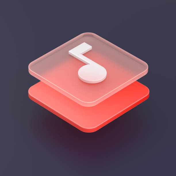 Cartoon Icon Mockup.Music Note Square 3D Red Web Icon Button.3D rendering on black background.
