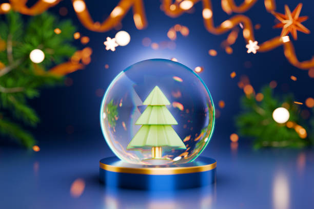 istock A festive snow globe featuring a Christmas tree, surrounded by holiday decorations and lights. 3d rendering 2166332799