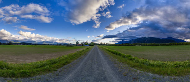istock 360 VR Panorama of path by the farm fields. Sunny Evening. 2166334978
