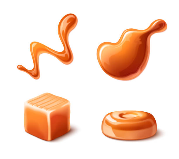 Milk toffee caramel splash and candy. Milk toffee caramel splash and candy. Realistic 3d vector illustration set of liquid sweet dessert sauce or syrup drop. Brown confection cube, lozenge and spilled droplets. Sugary food piece and drip. caramel stock illustrations