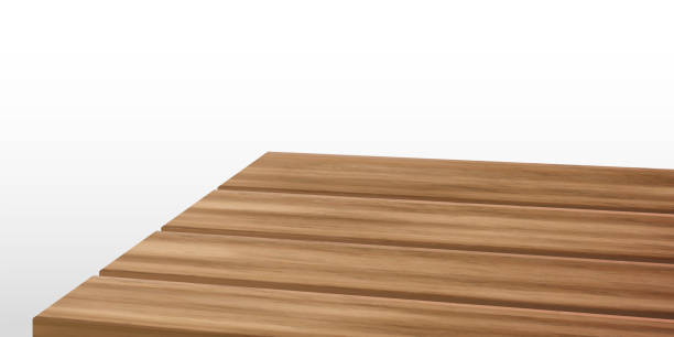 Wooden kitchen table corner, perspective view Wooden kitchen table corner, perspective view with texture. Wood tabletop angle surface for product presentation. 3d empty garden desk on foreground for dining display in rustic restaurant template restaurant table side view stock illustrations