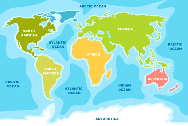 ilustraciones, imágenes clip art, dibujos animados e iconos de stock de mapa infantil del mundo. américa, europa, asia, áfrica, australia. ilustración vectorial. - eurasia
