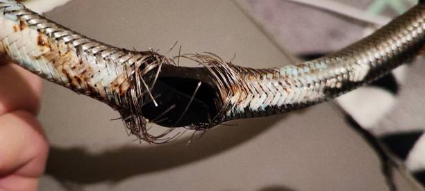 A broken under sink flexible hosepipe, hose, plumbing disaster, household flooding.