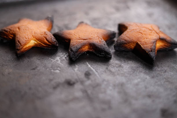 star-shaped burnt cookies on the tray with copy space