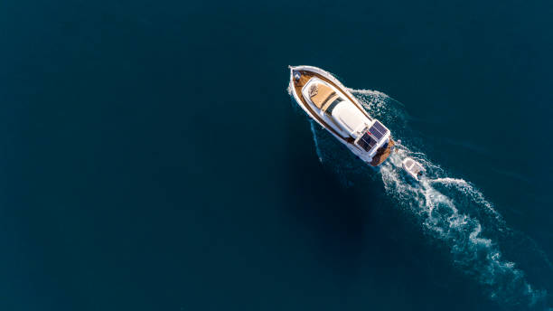 Aerial view of a sailing boat, Antalya Turkiye stock photo