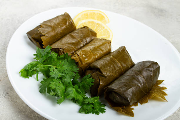 istock dolma, minced meat with rice, in grape leaves, rolls with minced meat, on a white plate, top view, no people, dolma, grape leaves with filling, 2166348872