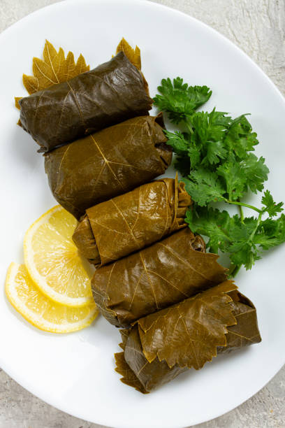 istock dolma, minced meat with rice, in grape leaves, rolls with minced meat, on a white plate, top view, no people, dolma, grape leaves with filling, 2166349071