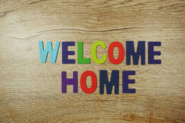 Welcome Home alphabet letters top view on wooden background