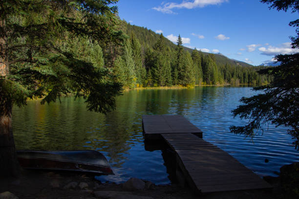istock Dock on a tranquil green lake in the mountains in Jasper. 2166351489