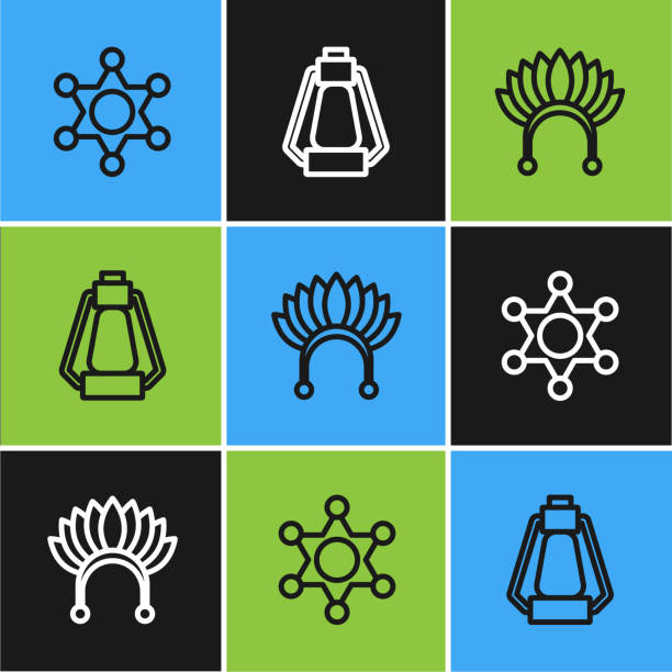 Set line Hexagram sheriff, Indian headdress with feathers and Camping lantern icon. Vector Set line Hexagram sheriff, Indian headdress with feathers and Camping lantern icon. Vector. cherokee clip art stock illustrations
