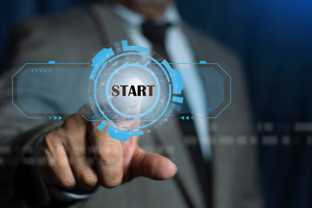 istock Hand Businessman pressing start button. beginning of a process or innovation. new target. Futuristic and interactive technology concept 2166359049