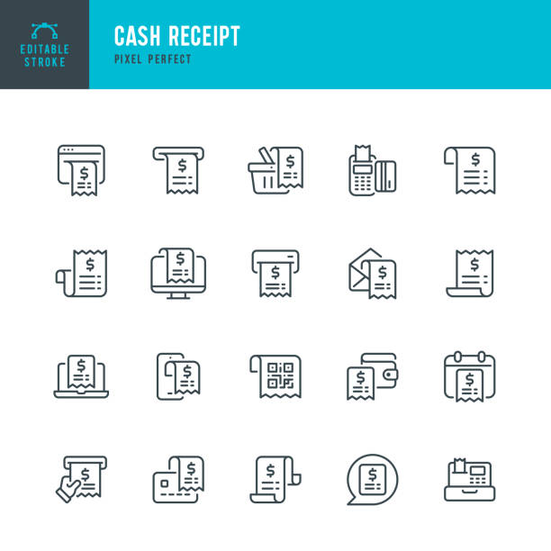 stockillustraties, clipart, cartoons en iconen met cash receipt - set of vector linear icons. pixel perfect. editable stroke. the set includes a cash receipt, financial bill, bank statement, get a receipt, credit card reader, order, qr code. - kassabon