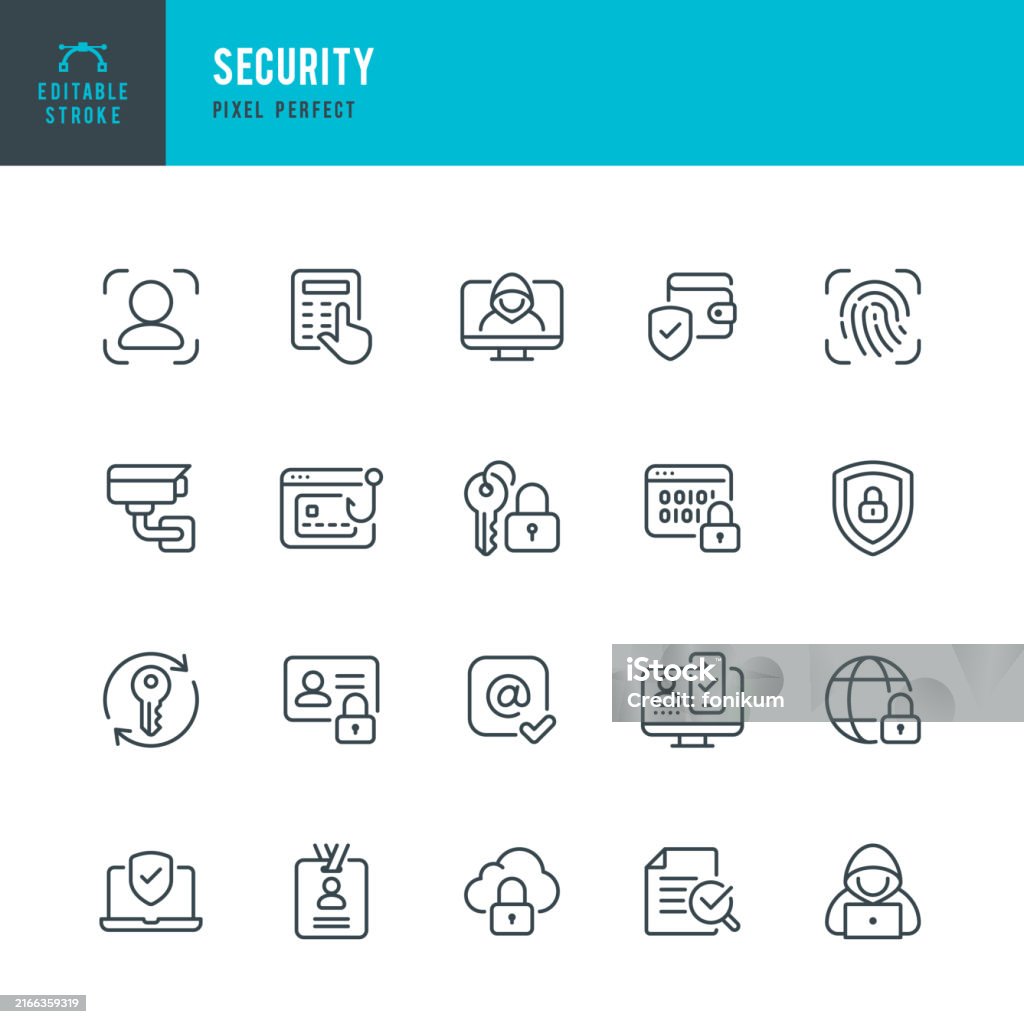 Security - set of vector linear icons. Pixel perfect. Editable stroke. The set includes a security system, shield, computer crime, hacker, face identification, mail authentication, identity theft, security camera. Security - set of vector linear icons. 20 icons. Pixel perfect. Editable outline stroke. The set includes a security system, shield, computer crime, hacker, biometrics, face identification, mail authentication, identity theft, security camera. White Collar Crime stock vector Security - set of vector linear icons. Pixel perfect. Editable stroke. The set includes a security system, shield, computer crime, hacker, face identification, mail authentication, identity theft, security camera. Security - set of vector linear icons. 20 icons. Pixel perfect. Editable outline stroke. The set includes a security system, shield, computer crime, hacker, biometrics, face identification, mail authentication, identity theft, security camera. White Collar Crime stock vector