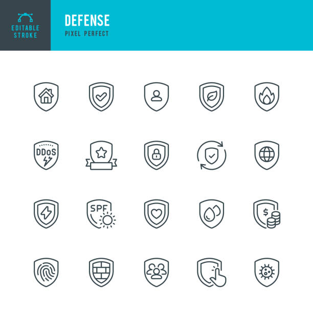 Defense - set of vector linear icons. 20 icons. Pixel perfect. Editable outline stroke. The set includes a Shield, Defense, Protection, Internet Protection, Virus Protection, Waterproof Protection, UV Protection, Environmental Conservation, Personal Data Protection, Firewall, Virus Protection.