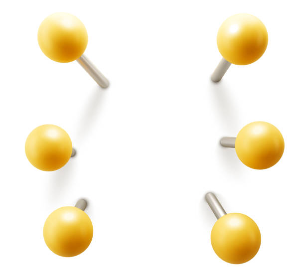 Set of yellow push pins. Thumbtacks ready for your design. Different angle view. Vector illustration isolated on white background Set of yellow push pins. Thumbtacks ready for your design. Different angle view. Vector illustration isolated on white background thumbtack stock illustrations
