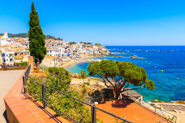 vue sur la belle côte dans le village de pêcheurs de calella de palafrugell, costa brava, catalogne, espagne - province de gérone photos et images de collection