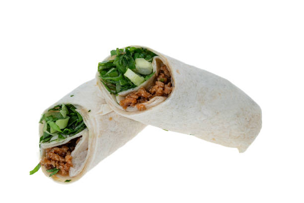 Hoisin duck wrap sandwich on a white background