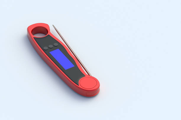New meat thermometer on gray background. Equipment for barbeque. Baking tool. Kitchen device. Copy space. 3d render