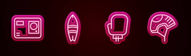istock Set line Action extreme camera, Surfboard, Boxing glove and Helmet. Glowing neon icon. Vector 2166377893