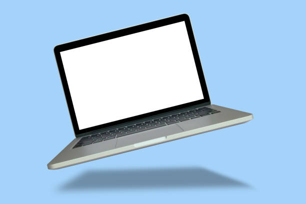 istock Laptop with blank screen isolated on blue background 2166381567