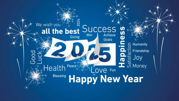 frohes neues jahr 2025 weiß alle wünsche wortwolke text mit 2025 kalenderseiten und licht funkeln feuerwerk blauer hintergrund vektor - silvester stock-grafiken, -clipart, -cartoons und -symbole