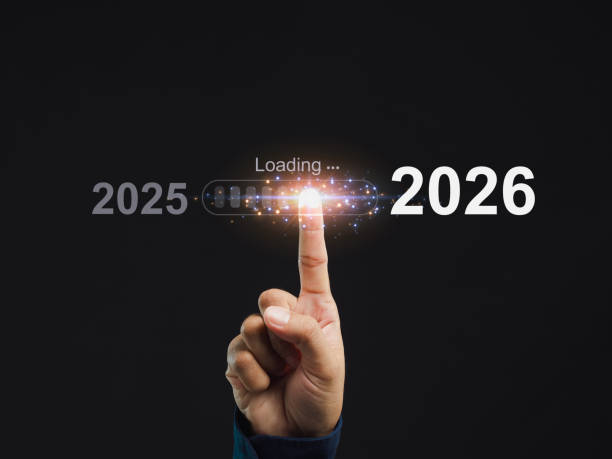 Hand pointing at progress bar loading 2026. Concept of future and technology.
