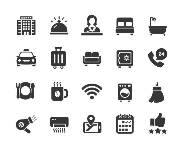 stockillustraties, clipart, cartoons en iconen met hotel services solid icons. containing service, receptionist, food, breakfast solid icons collection. vector illustration. for website design, logo, app, template, ui, etc. - hotel