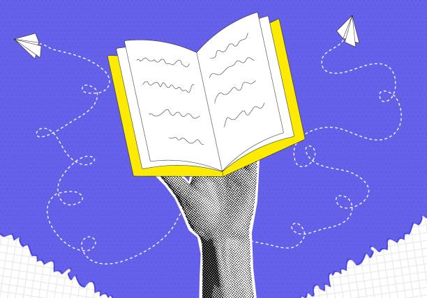 istock Halftone collage hands and open floating book with handwriting, torn paper. Banner with education concept on blue dotted background. Back to school. Contemporary vector illustration 2166398760