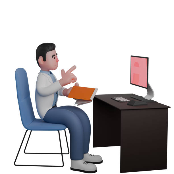istock 3D Model of Male Doctor. Doctor Taking Notes in Notebook While Looking at Computer. Professional Health Care 2166400879