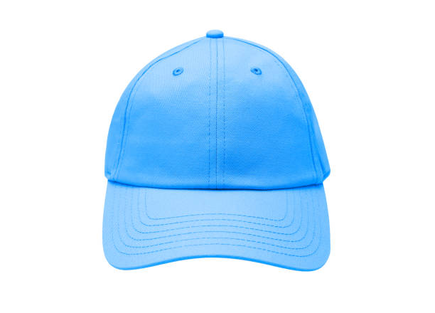 Front view of light blue baseball caps mockup on white background, with space for your logo or design. Mock-up for branding