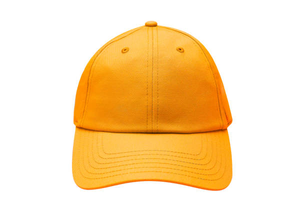istock Front view of orange baseball caps mockup on white background, with space for your logo or design. Mock-up for branding. 2166401764