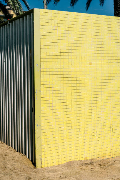 A striking contrast between a vivid yellow wall and the serene blue sky, accentuated by palm tree shadows.
