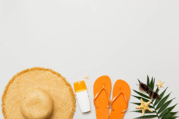 istock Top view travel or vacation concept. Composition with stylish beach accessories on colored background, top view. Beach fashion flat lay, summer concept. Trendy colors 2166405883