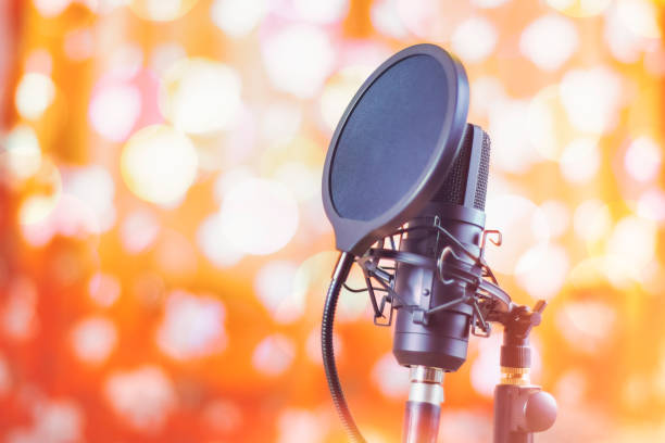 istock Black professional microphone on a stand. Pop filter installed on the microphone. A festive background. 2166407860