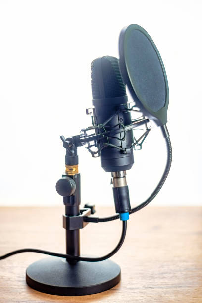 istock Black professional microphone on a stand. Pop filter installed on the microphone. A picture with white background. 2166407864