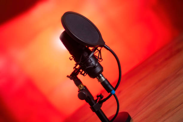 Black professional microphone on a stand. Pop filter installed on the microphone. A red toned picture.