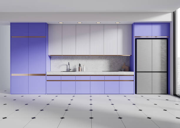 istock Luxury home kitchen interior with cooking cabinet and refrigerator, tile floor 2166412883