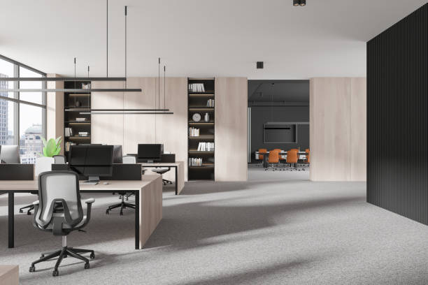 istock Stylish office interior with coworking and conference room, panoramic window 2166413338