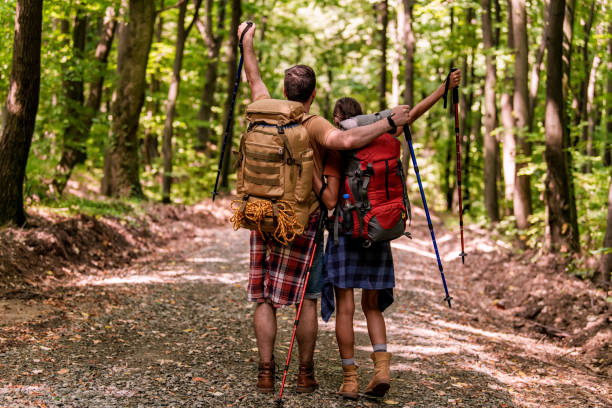 Back view of two hikers man and woman with backpacks and sticks walking in the forest.